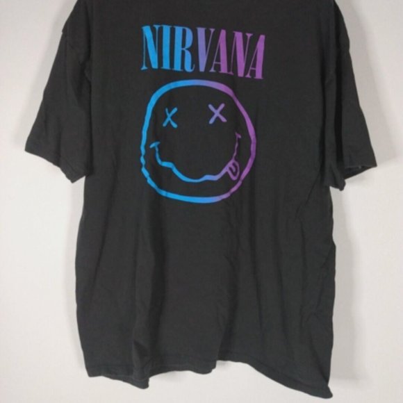 Nirvana Smiley Face Graphic Tee Black Fade Blue Purple M&O Gold Mens XXL T-shirt - Picture 2 of 6